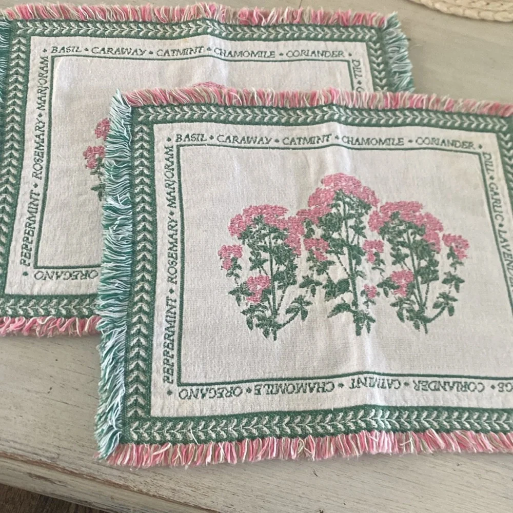 Vintage Herbal Garden Floral Fringed Placemats Set of Two